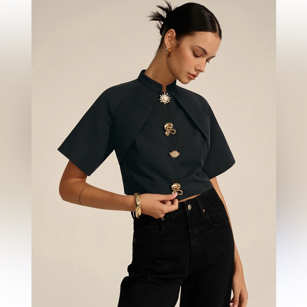 Commense Black Short-Sleeve Cropped Top with Gold Decorative Buttons